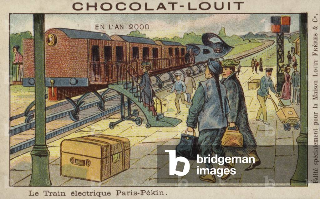 Electric train from Paris to Beijing in the year 2000 (chromolitho)