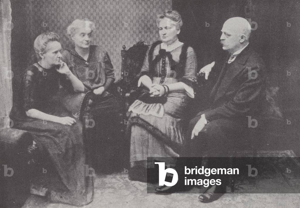 Marie Curie, left, with her two sisters, Madame Szalay and Madame Dluska, and her brother M Sklodovski (b/w photo)