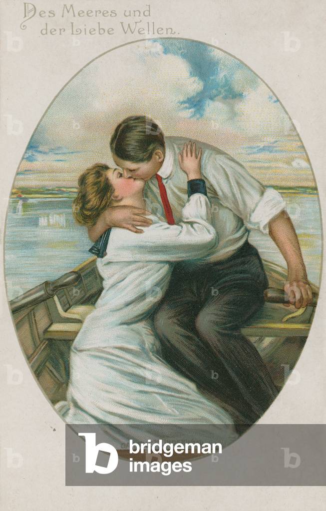German man and woman kissing in a boat, postcard sent on 10 September 1913 (chromolitho) 