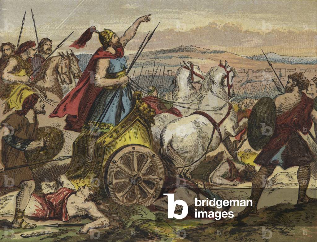 Joshua commanding the sun to stand still (colour litho)