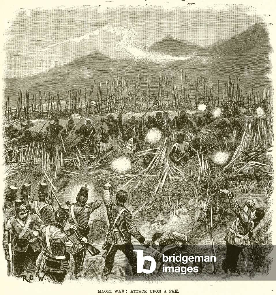 Maori War: Attack upon a Pah (engraving)