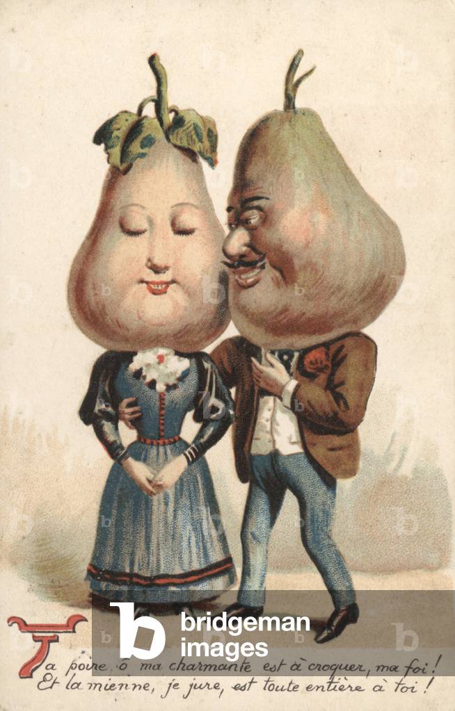 Couple with pear heads (colour litho)