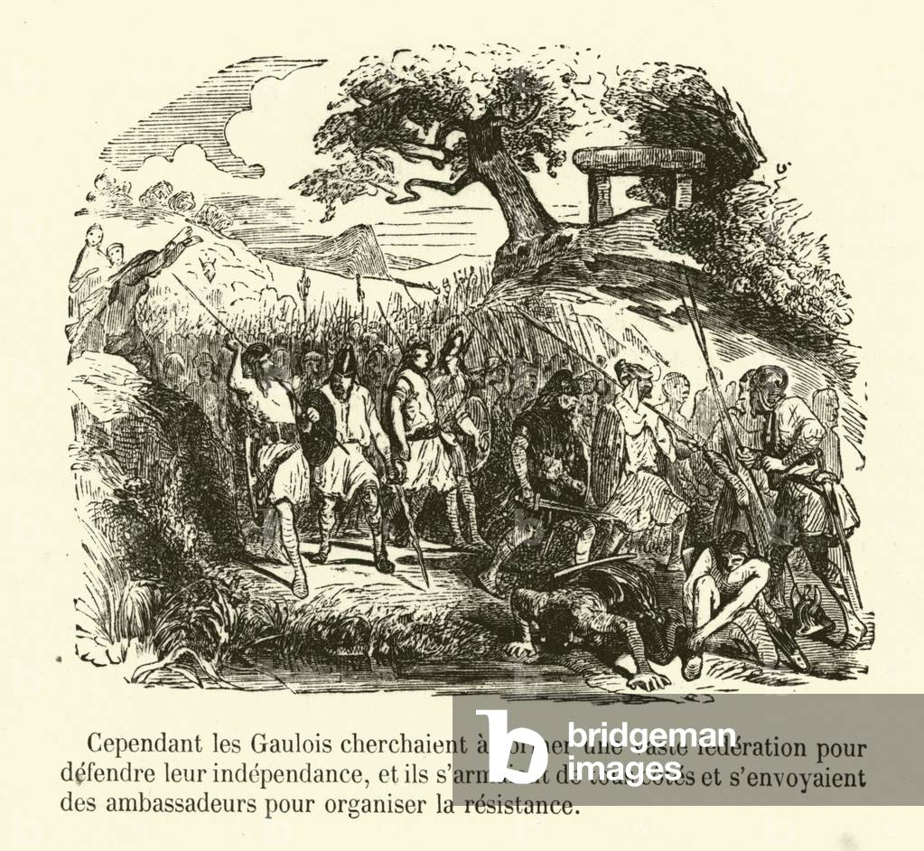 Gauls trying to form an alliance between their tribes to preserve their independence from Roman invasion (engraving)