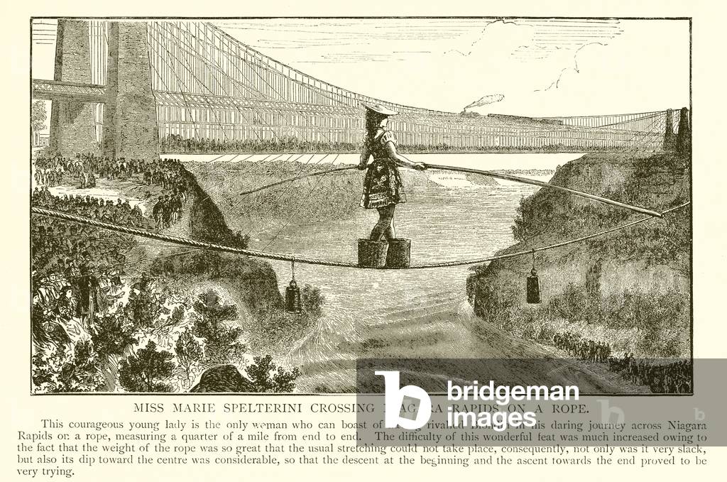 Miss Marie Spelterini crossing Niagara Rapids on a rope (engraving)