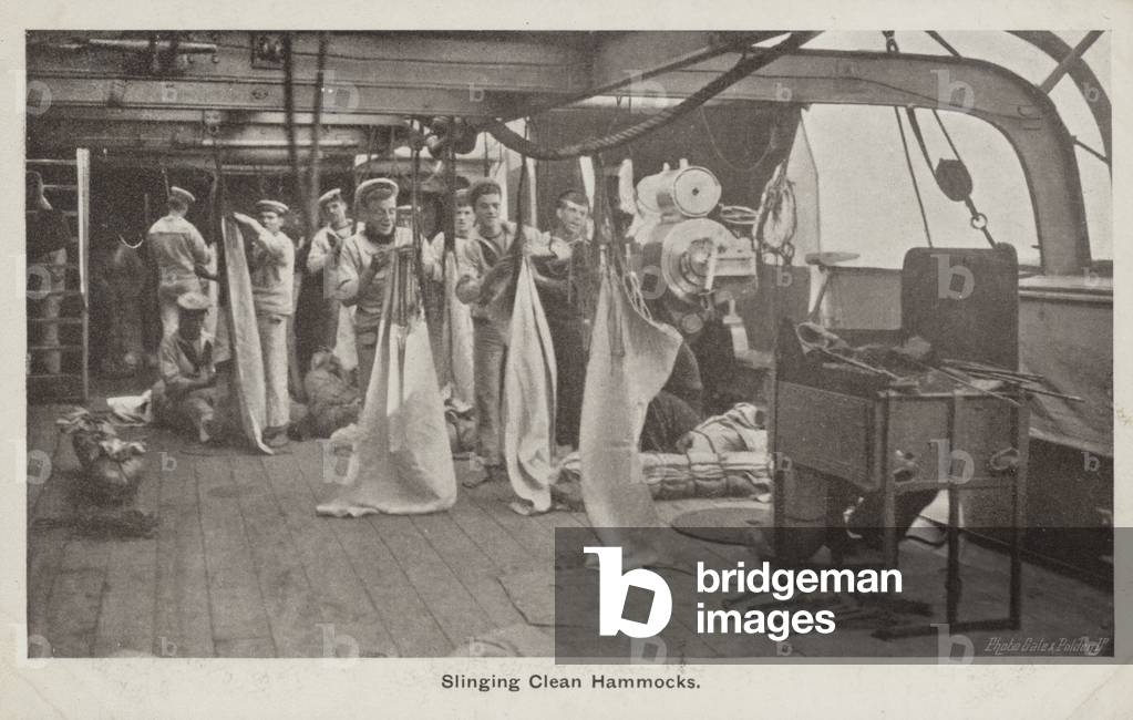 Slinging clean hammocks in the Royal Navy (b/w photo)