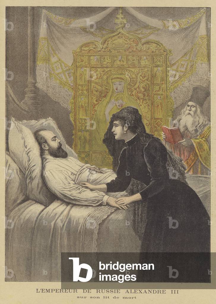 Tsar Alexander III of Russia on his deathbed (colour litho)