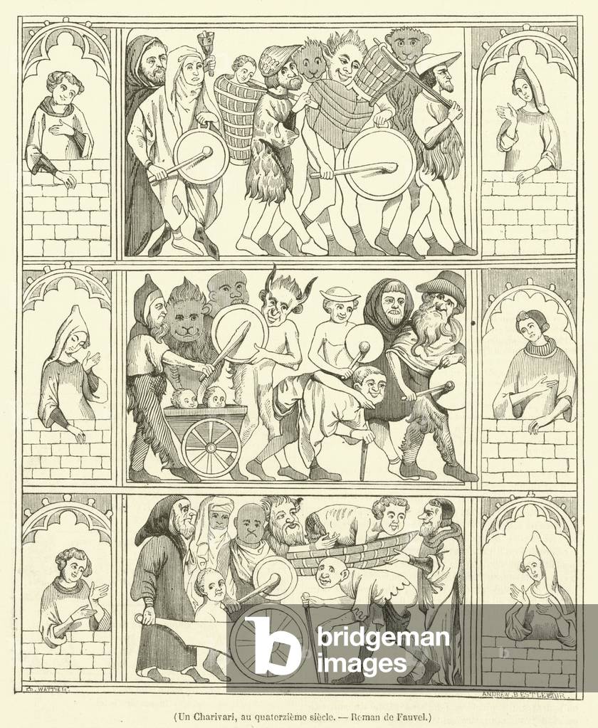 Un Charivari, au quatorzieme siecle, Roman de Fauvel (engraving)