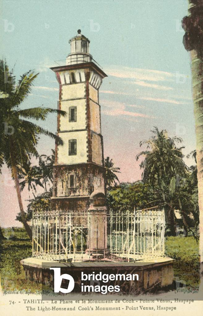 The Lighthouse and Cook's Monument, Point Venus, Tahiti, 1910 (colour photo)
