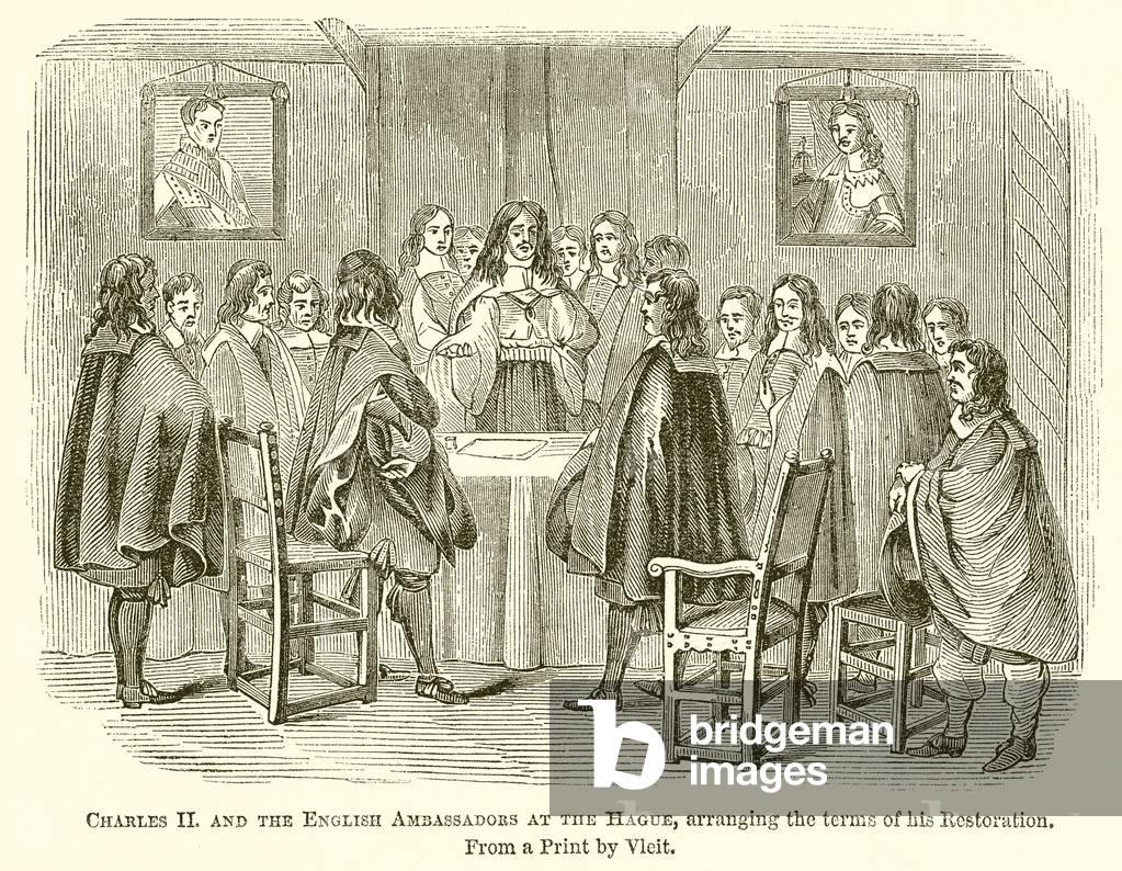 Charles II and the English Ambassadors at the Hague, arranging the Terms of his Restoration (engraving)