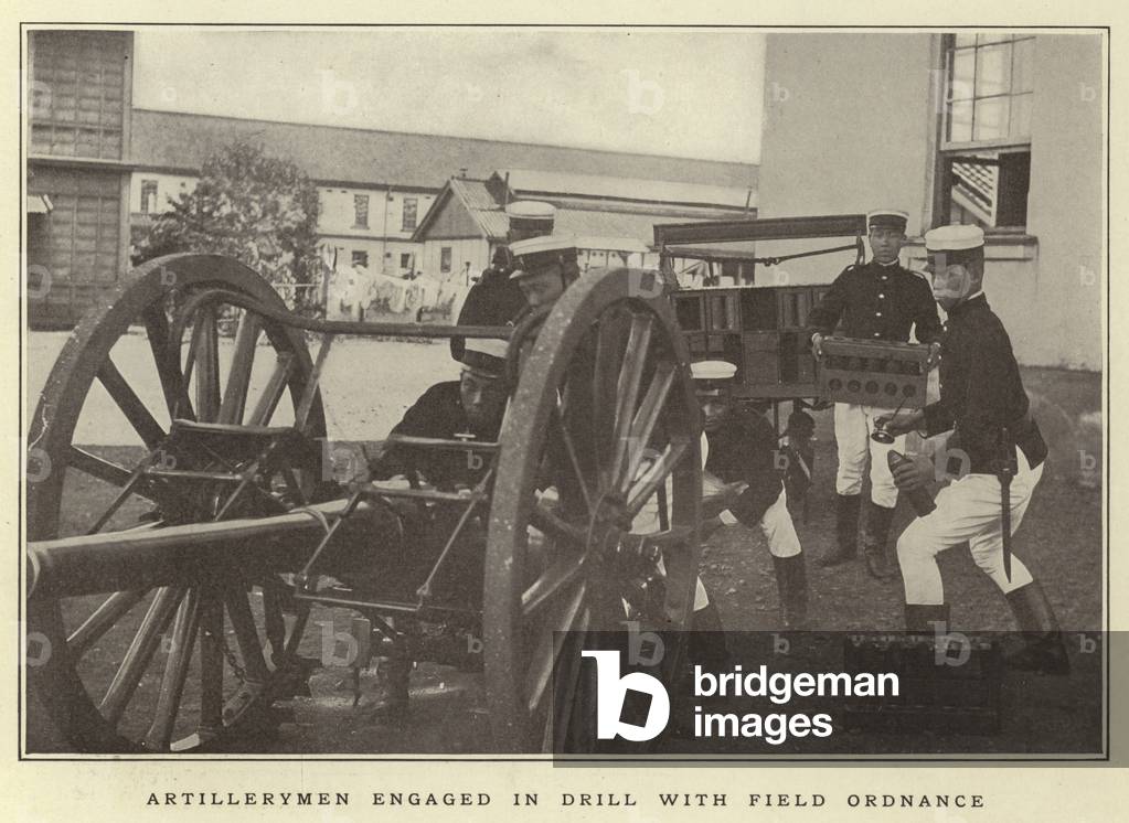 Artillerymen engaged in drill with field ordnance (b/w photo)