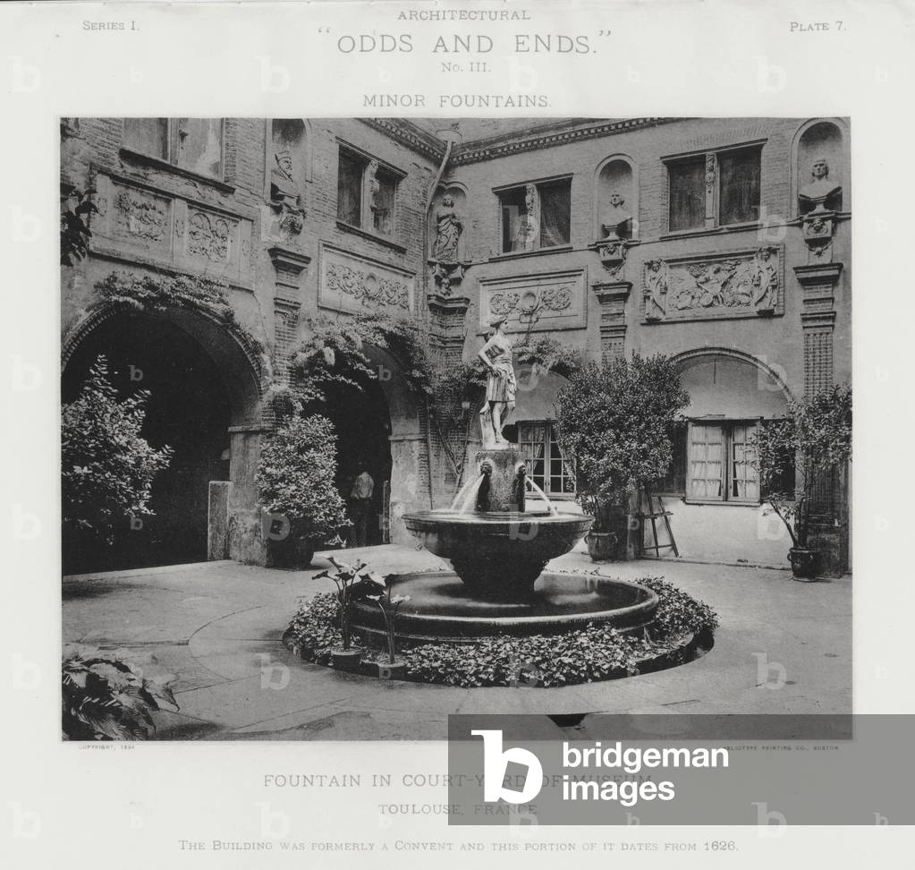 Fountain in the Court-Yard of Museum, Toulouse, France (b/w photo)