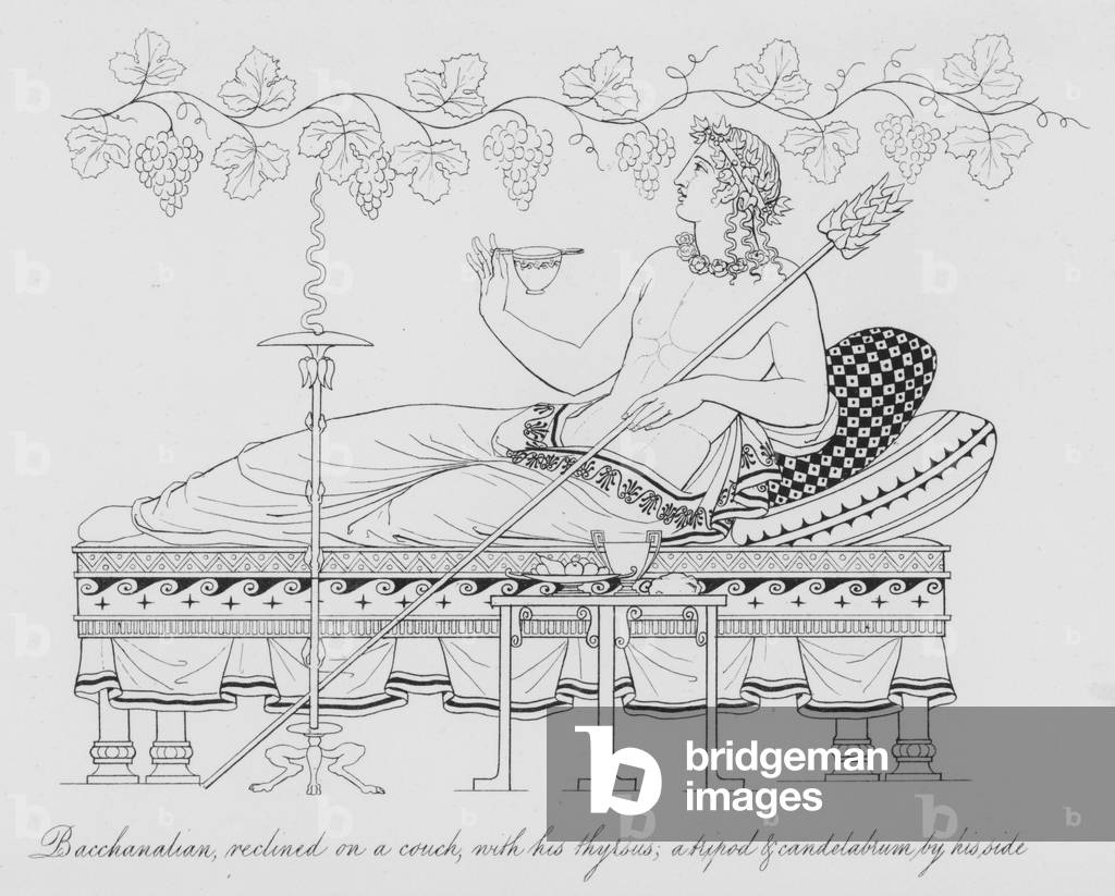 Bacchanalian, reclined on a couch, with his thyrsus, a tripod and candelabrum by his side (engraving)
