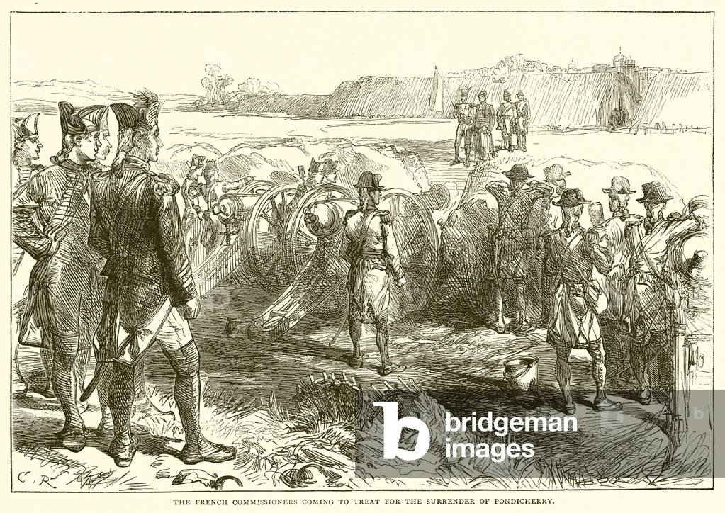 The French commissioners coming to treat for the surrender of Pondicherry (1761) (engraving)