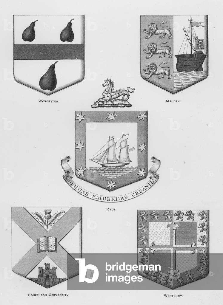 Public arms: Worcester; Malden; Ryde; Edinburgh University; Westbury (engraving)