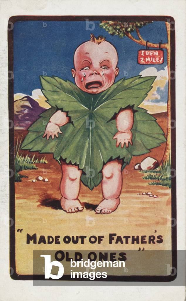 Child dressed in a fig leaf (colour litho)