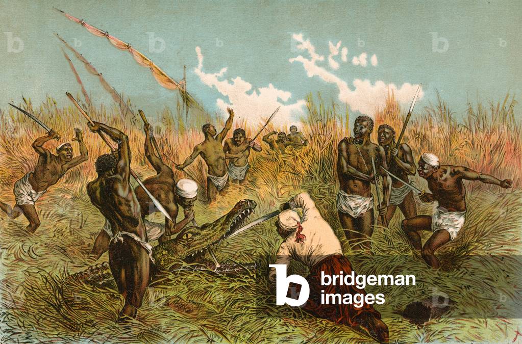 Battle with a Crocodile (chromolitho)
