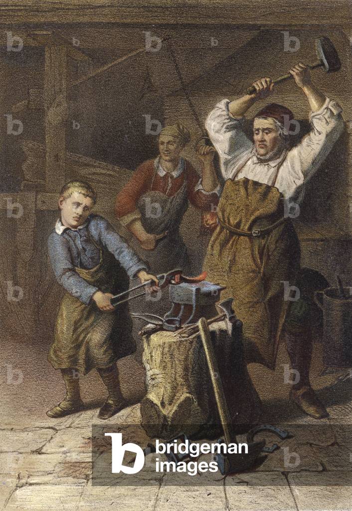 The apprehensive blacksmith's apprentice (colour litho)