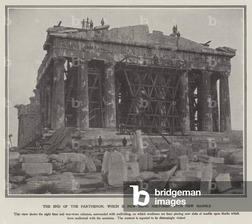 The Parthenon being restored with new marble, Athens (b/w photo)