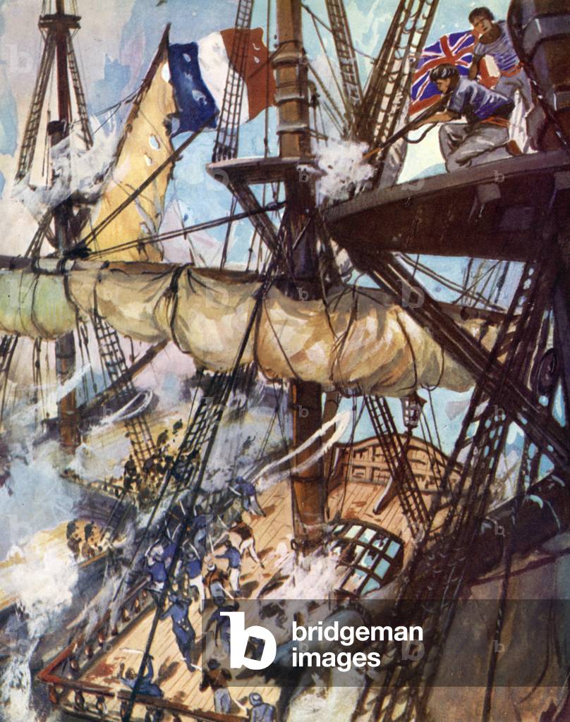 HMS Victory at the Battle of Trafalgar (colour litho)