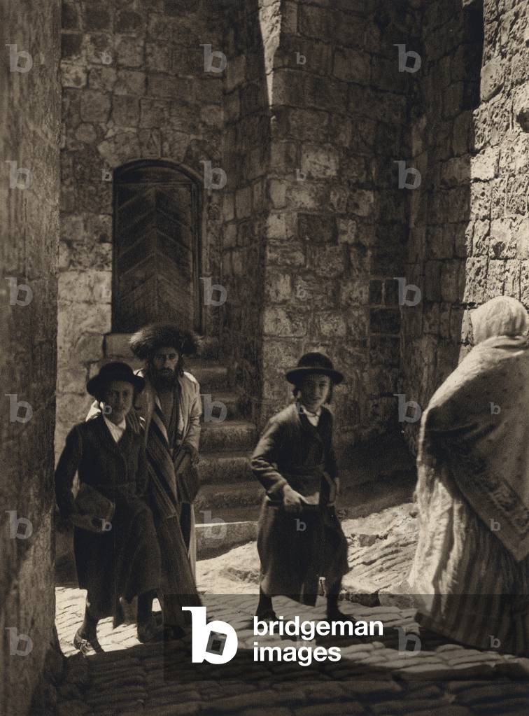 Jerusalem, Jews going to Synagogue (b/w photo)