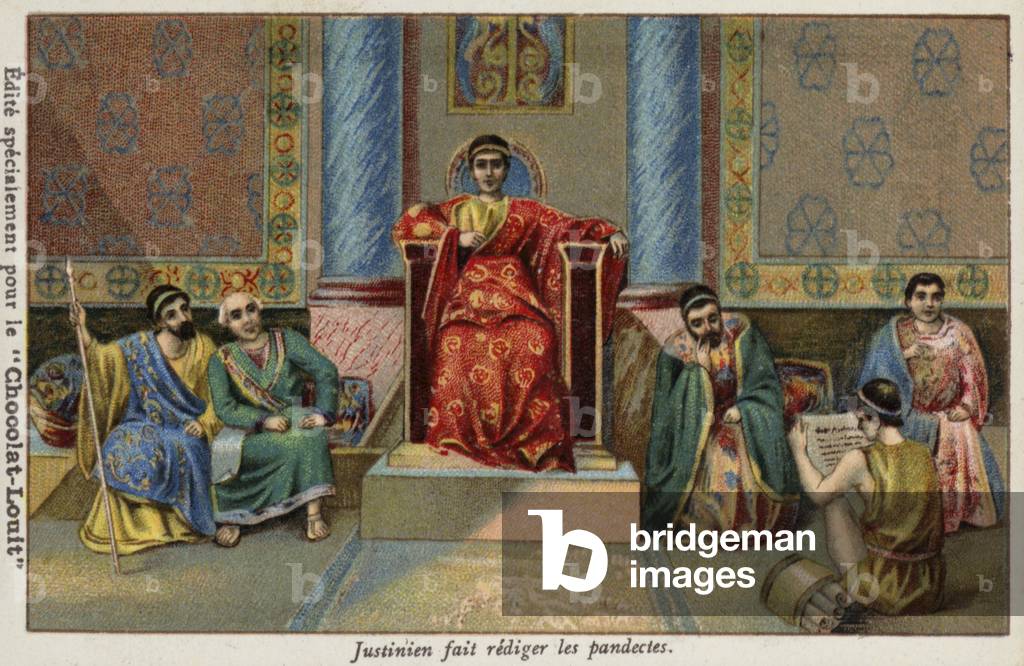 The Byzantine Emperor Justinian I dictating the Pandects, 6th Century (chromolitho)