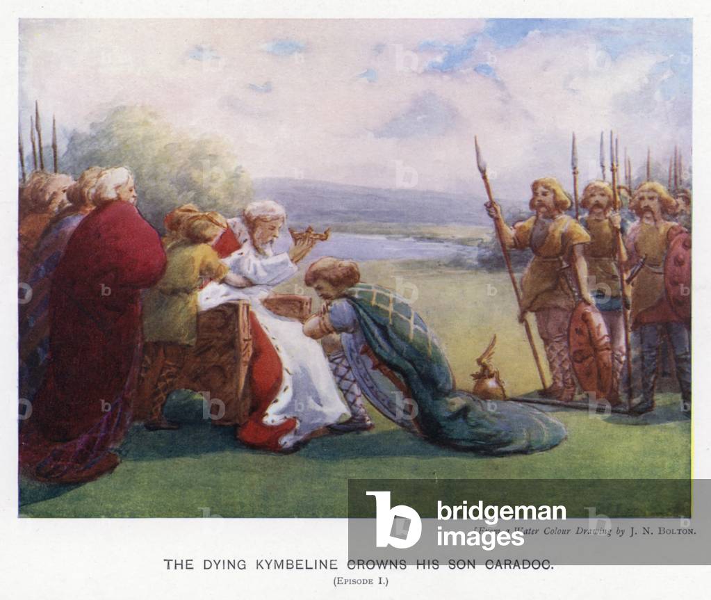 Warwick Pageant, 1906: The dying Kymbeline crowns his son Caradoc, Episode I (colour litho)