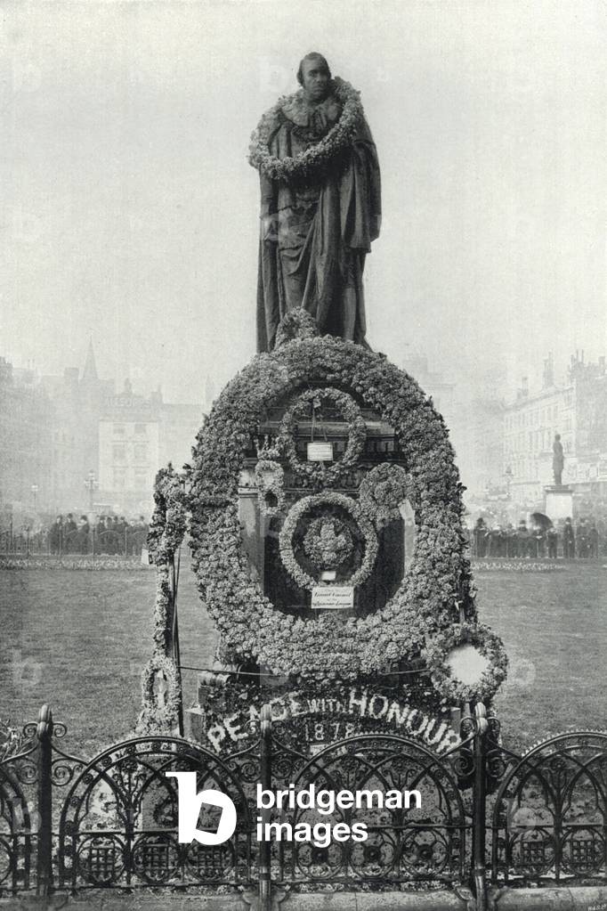 Parliament Square, Lord Beaconsfield's Statue on Primrose Day (b/w photo)