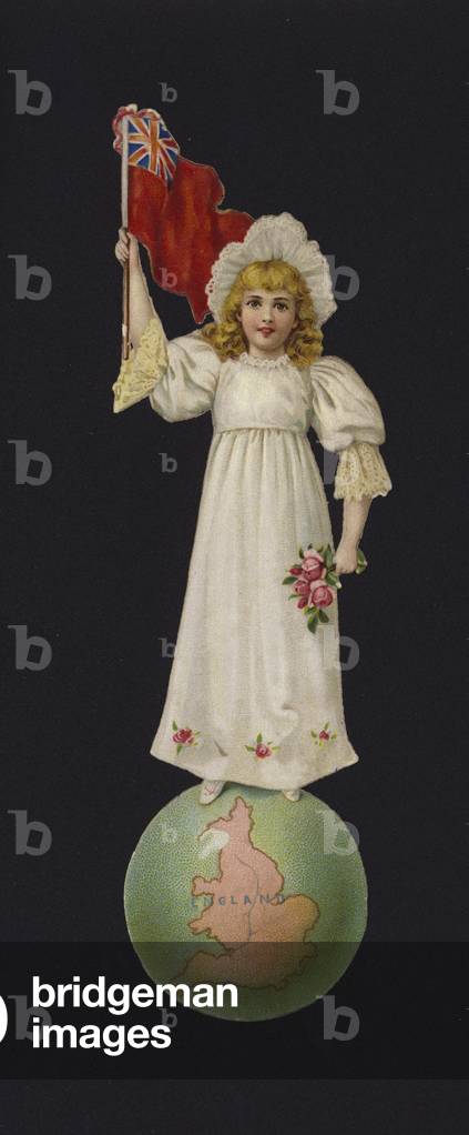 English girl, standing on the globe (chromolitho)