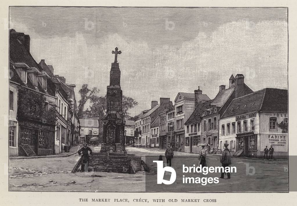 Market place, Crecy, France, with the old market cross (litho)