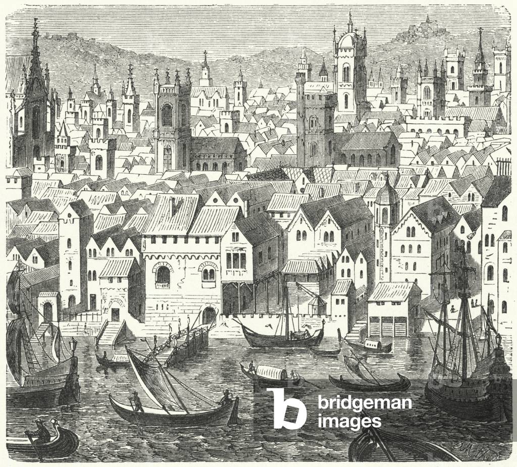 The Steelyard, trading base of the Hanseatic League in London, 17th Century (engraving)