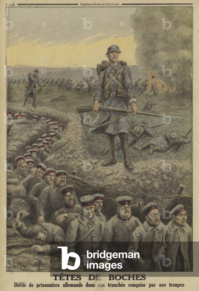 Column of German prisoners marched along a trench captured by the French, World War I, 1916 (colour litho)