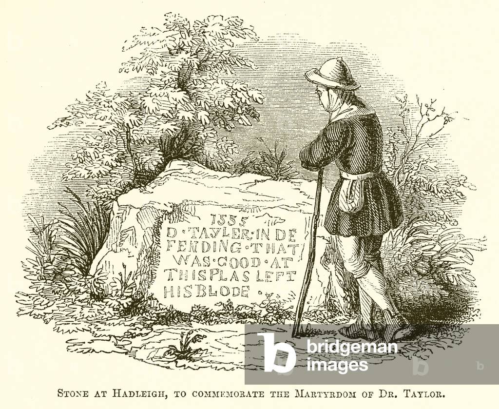 Stone at Hadleigh, to commemorate the Martyrdom of Dr. Taylor (engraving)