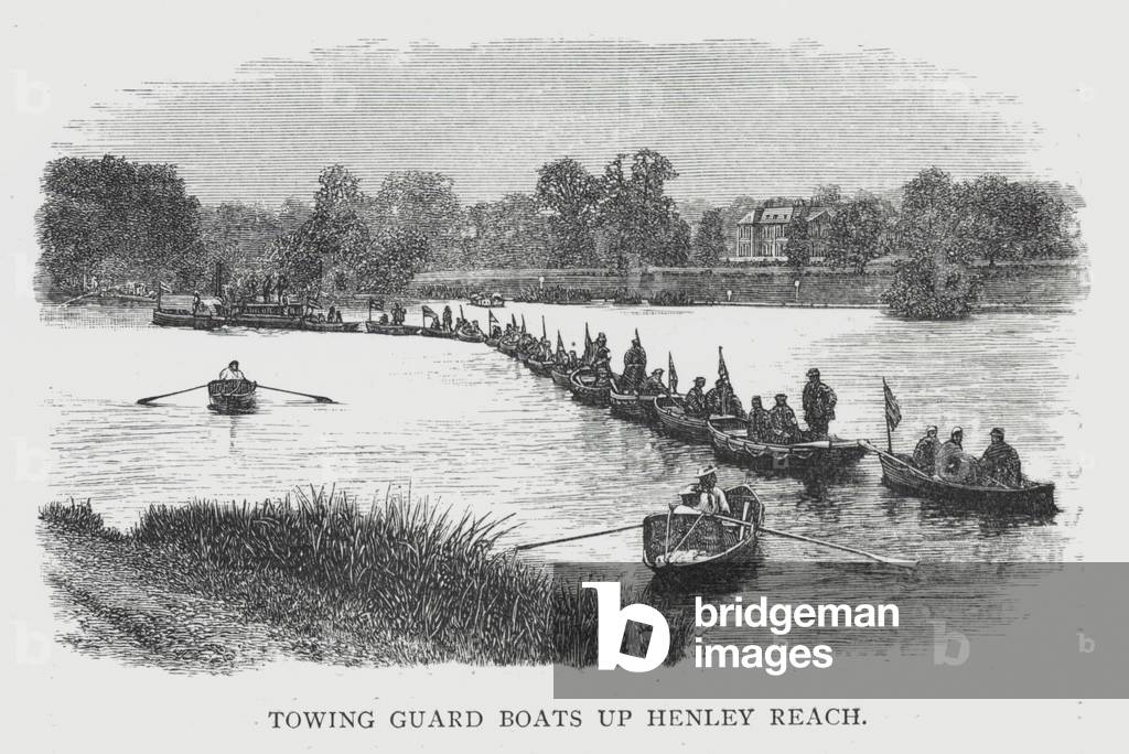 Towing guard boats up Henley Reach (engraving)