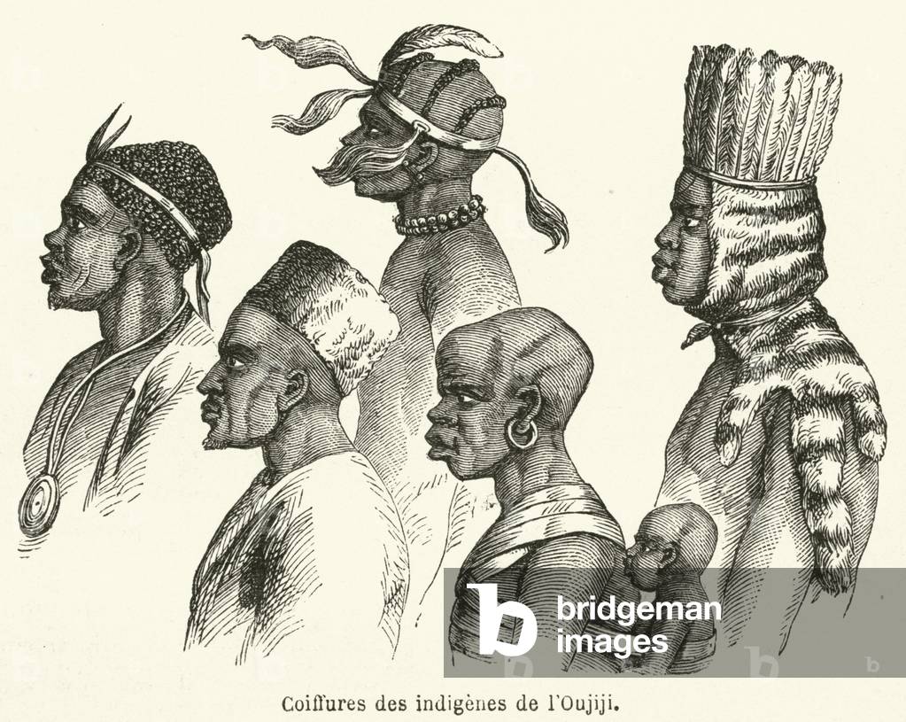 Coiffures des indigenes de l'Oujiji (engraving)
