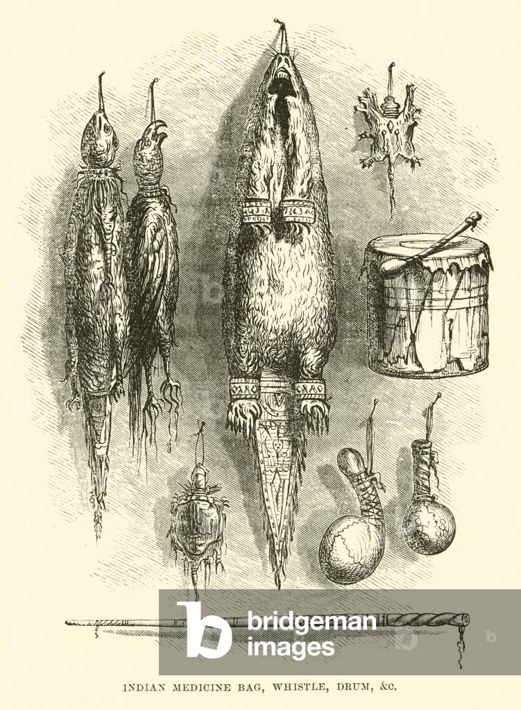 Indian Medicine Bag, Whistle, Drum, etc (engraving)