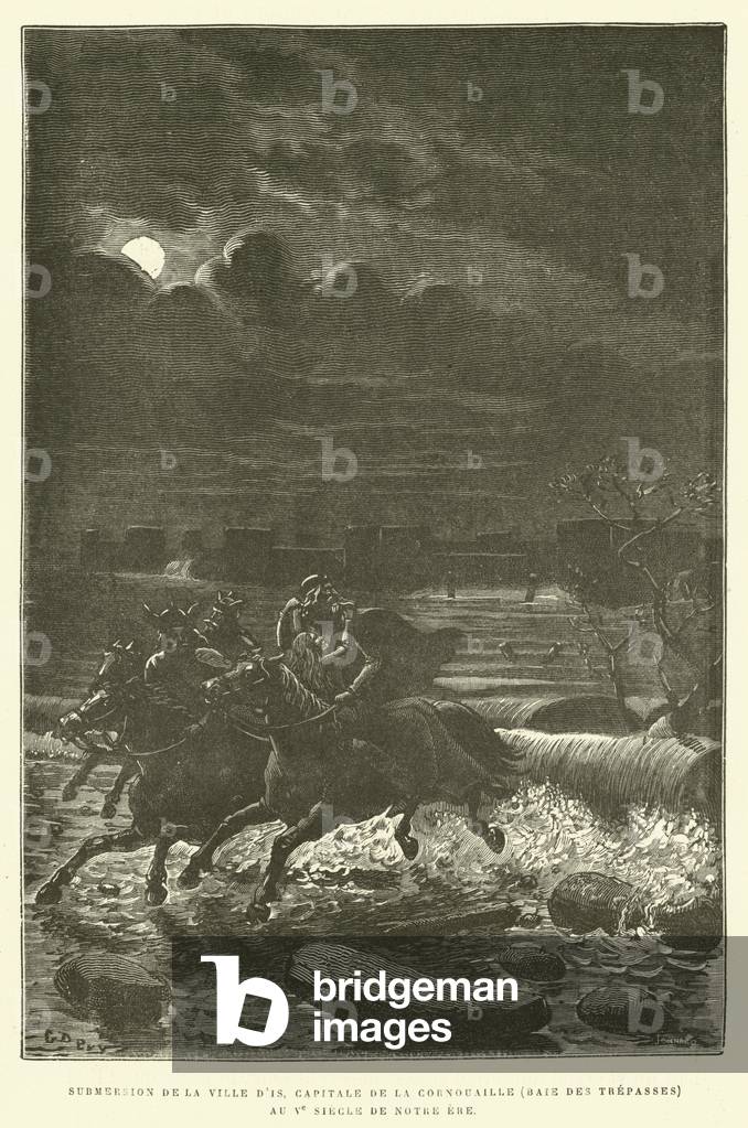 Submersion de la ville d'is, capitale de la Cornouaille (Baie des Trepasses) au Ve siecle de notre ere (engraving)
