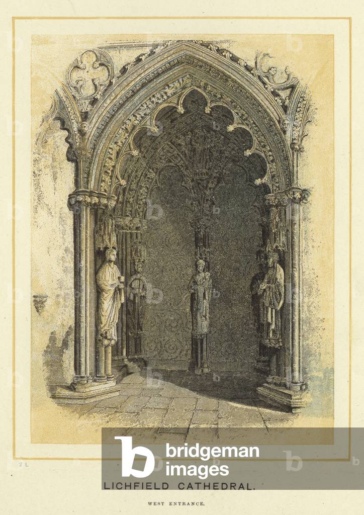 Lichfield Cathedral, west entrance (colour litho)