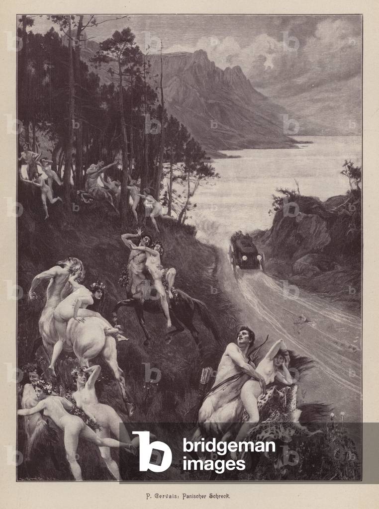 Satyrs and nymphs frightened by a motor car (engraving)