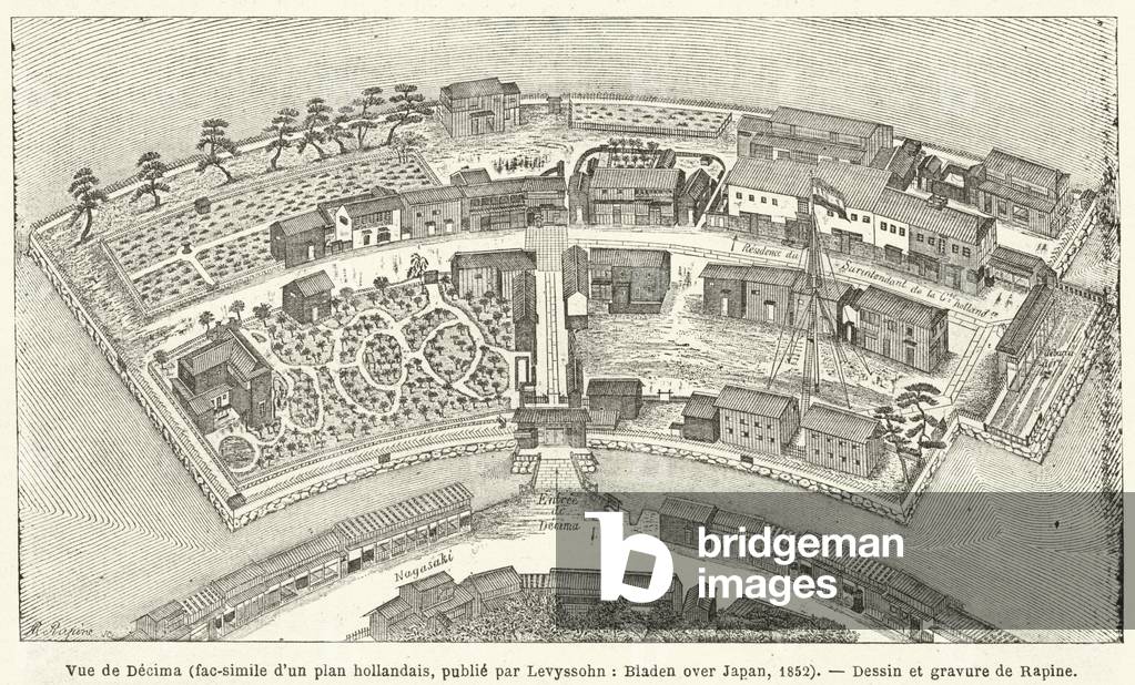Vue de Decima, fac-simile d'un plan hollandais, publie par Levyssohn, Bladen over Japan, 1852 (engraving)