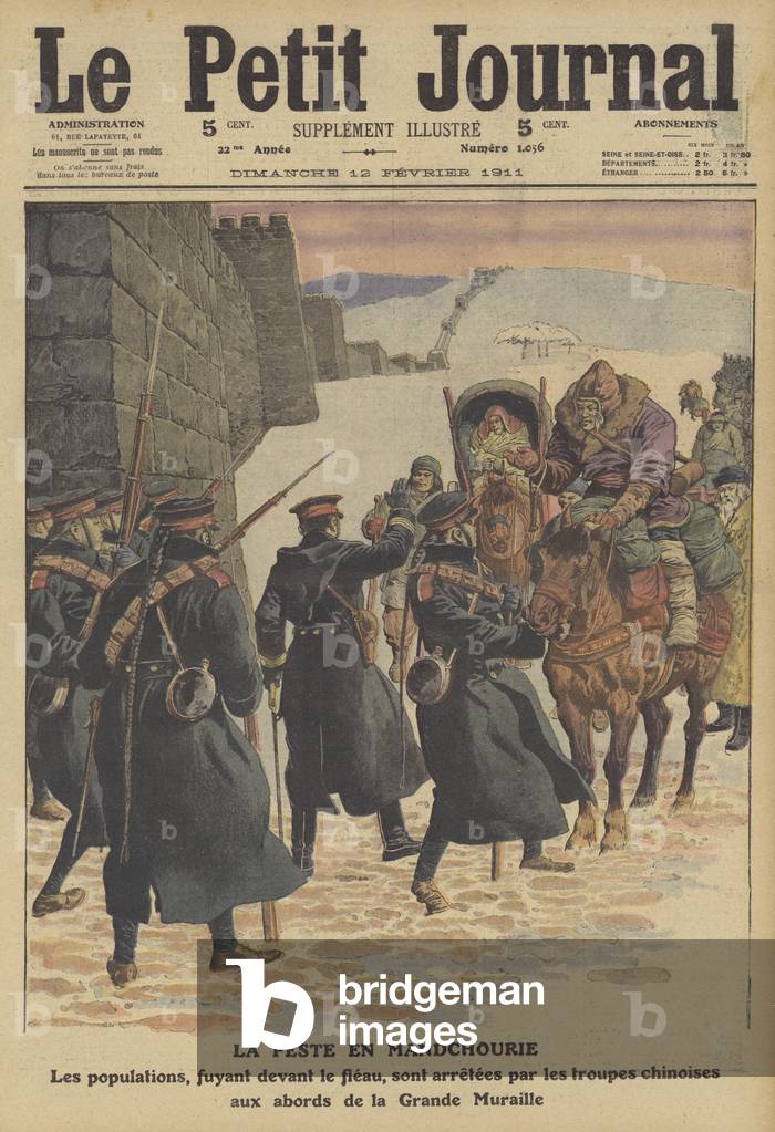 Outbreak of plague in Manchuria (colour litho)