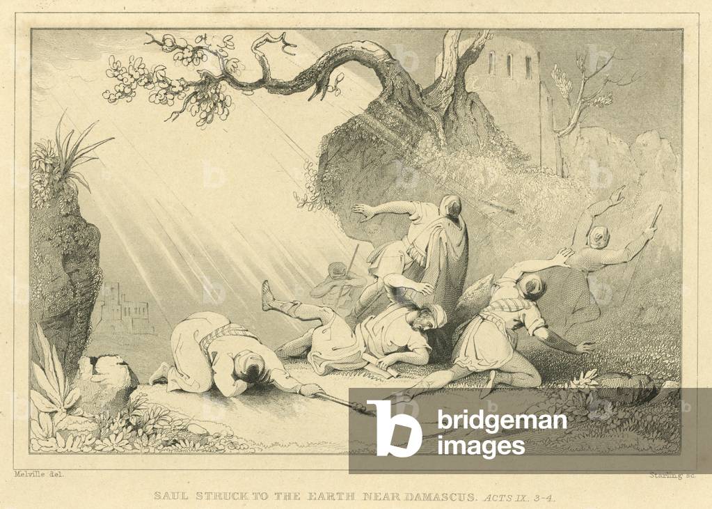 Saul struck to the Earth near Damascus, Acts IX, 3-4 (engraving)
