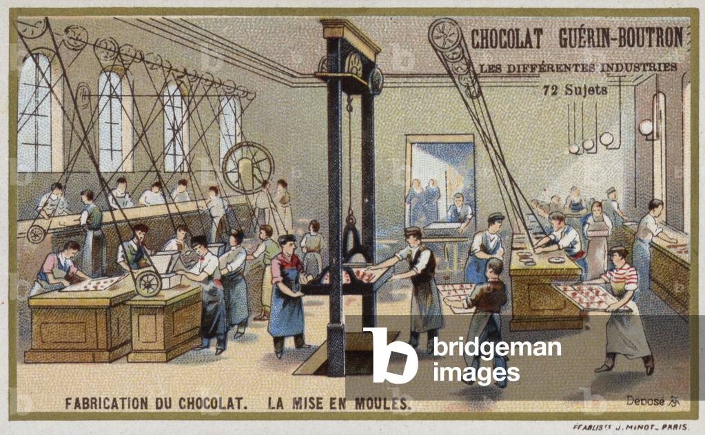 Chocolate manufacturing. Putting chocolate into moulds (chromolitho)