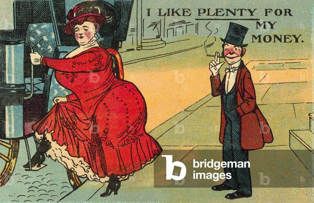 Man and his large wife (colour litho)