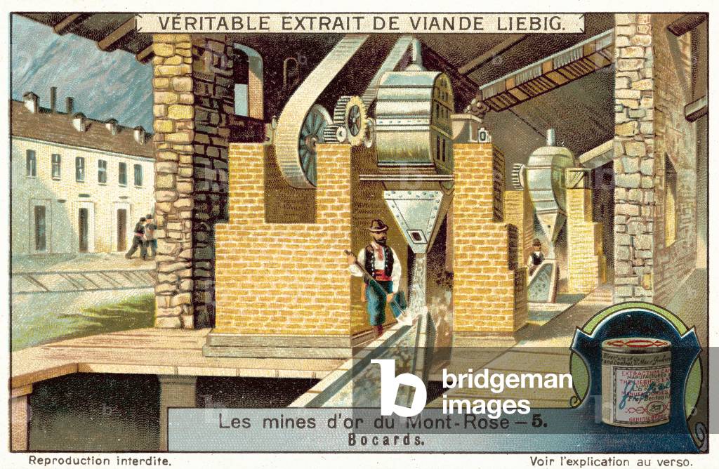 Ore mill at the Monte Rosa gold mines, Italy (chromolitho)
