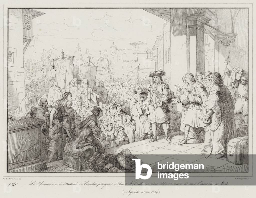 Li difensori e i cittadini di Candia pregano il Duca Navailles a non abbandonare co' suoi l'assediata citta, 1669 (engraving)