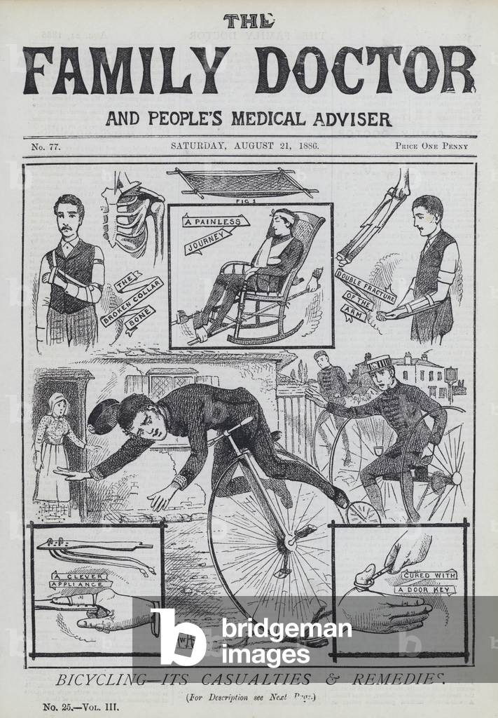 Bicycling, its casualties and remedies (engraving)
