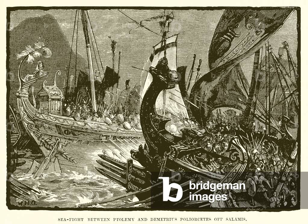 Sea fight between Ptolemy and Demetrius Poliorcetes off Salamis (engraving)