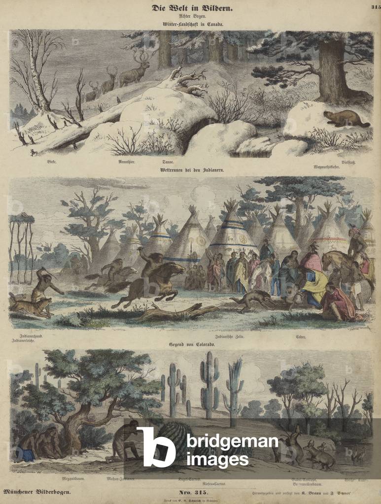 North America: winter landscape in Canada; Native Americans racing; Colorado (coloured engraving)