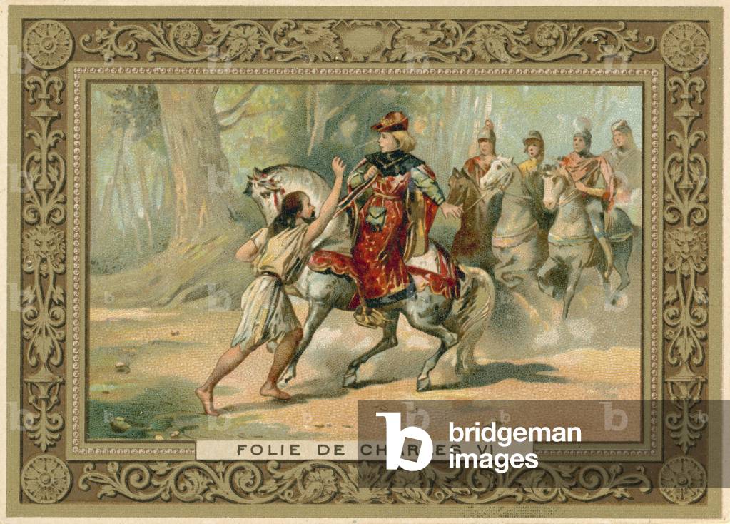 Trade card depicting an attack on King Charles VI of France (chromolitho)