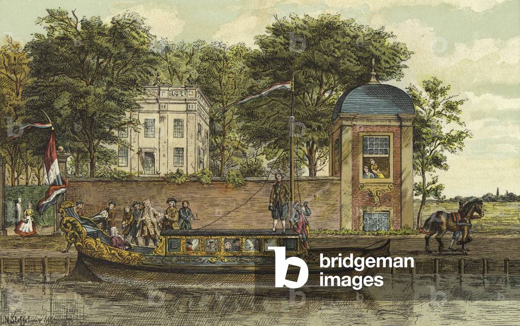 A barge, Netherlands, 18th Century (coloured engraving)